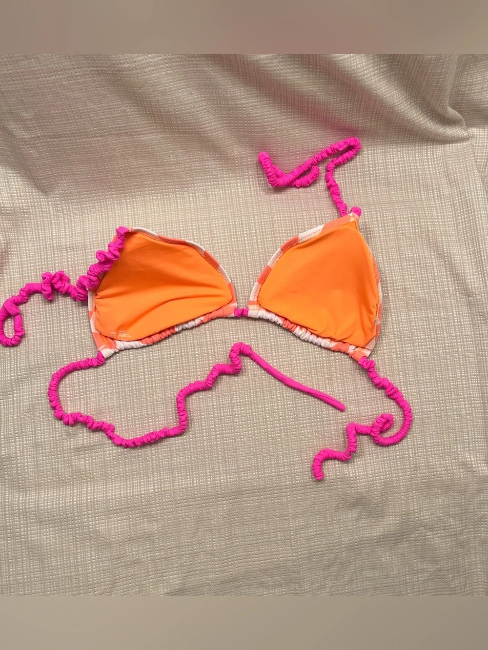 Aerie Striped Ruffle Triangle String Bikini Top Swim Neon Dopamine